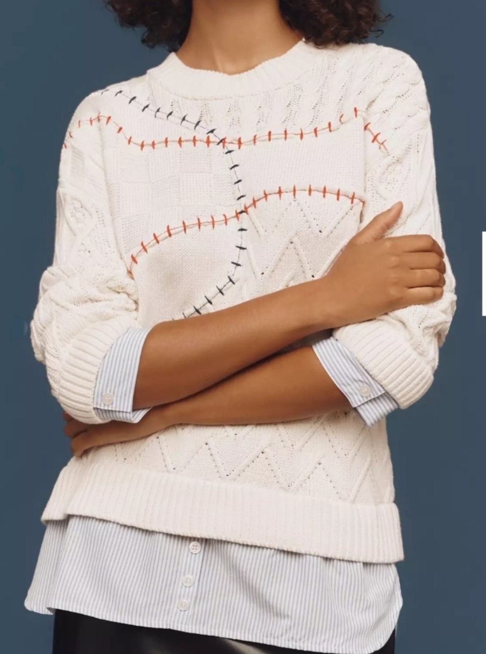 Pilcro Cable Knit Crewneck Twofer Baseball Sweater